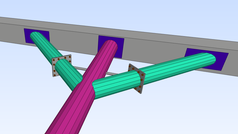 3D model detail of pipe branch connections with bolted flange plates fixed to a steel beam