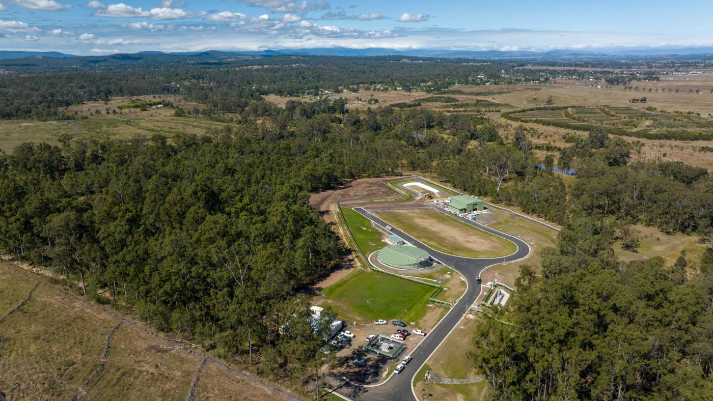 Aerial view of the Wyaralong water transfer station and surrounding site works