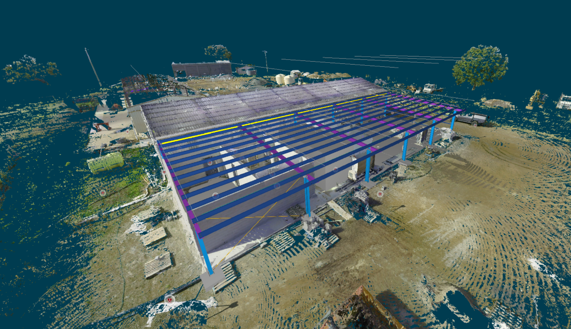 3D laser scan of the MXB workshop structure with surveyed steel members highlighted