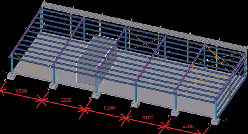 3D structural steel model of a workshop frame with column grid dimensions
