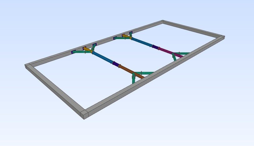 3D model overview of a rectangular steel frame with colour-coded pipework running across it