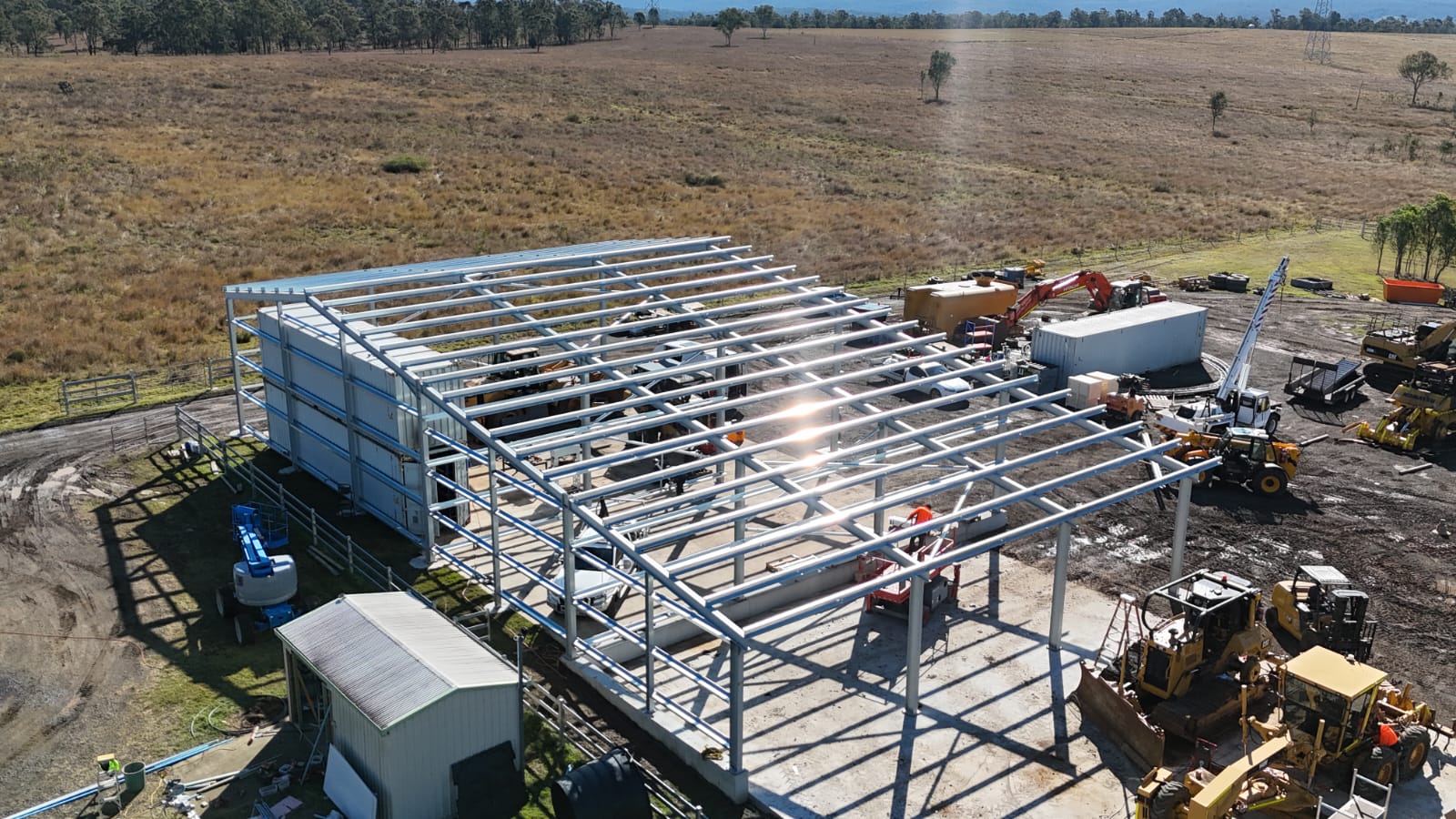 Aerial view of a large steel workshop frame